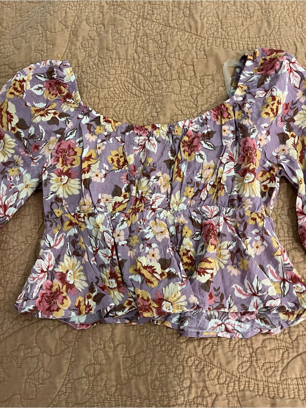 Floral Peasant Top in Lavender Crop Babydoll Peplum Y2K Tie Front Puff Sleeve - Picture 5 of 9